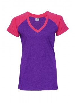 Women Short Sleeve Blend Raglan V neck Tee