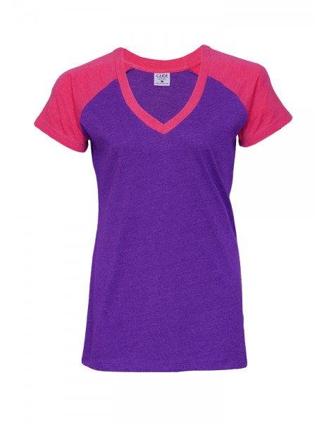 Women Short Sleeve Blend Raglan V neck Tee